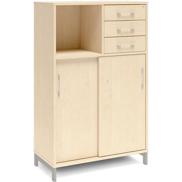 Kontorskab DNA, 800x1275 mm, Birk/Alugrå, skydedør og skuffemodul 3A4/2A4