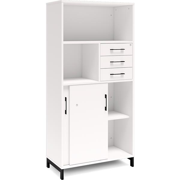Kontorskab DNA, 800x1660 mm, Hvid/Sort, skydedør og skuffemodul 4A4/2A4