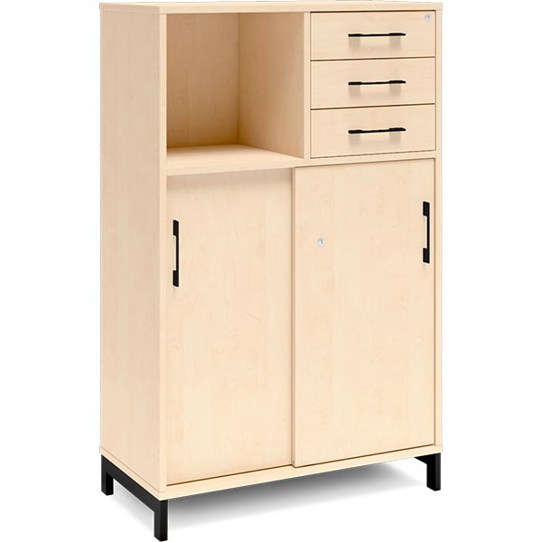 Kontorskab DNA, 800x1275 mm, Birk/Sort, skydedør og skuffemodul 3A4/2A4