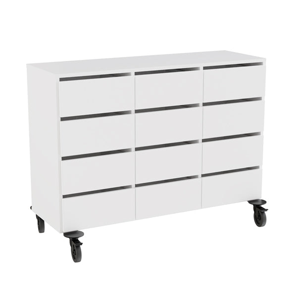 Opbevaring Stig 3x2 rum, 12 skuffer, hvid laminat, hjul