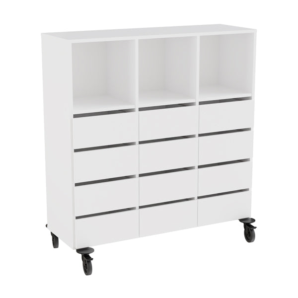Opbevaring Stig 3x3 rum, 12 skuffer, hvid laminat, hjul