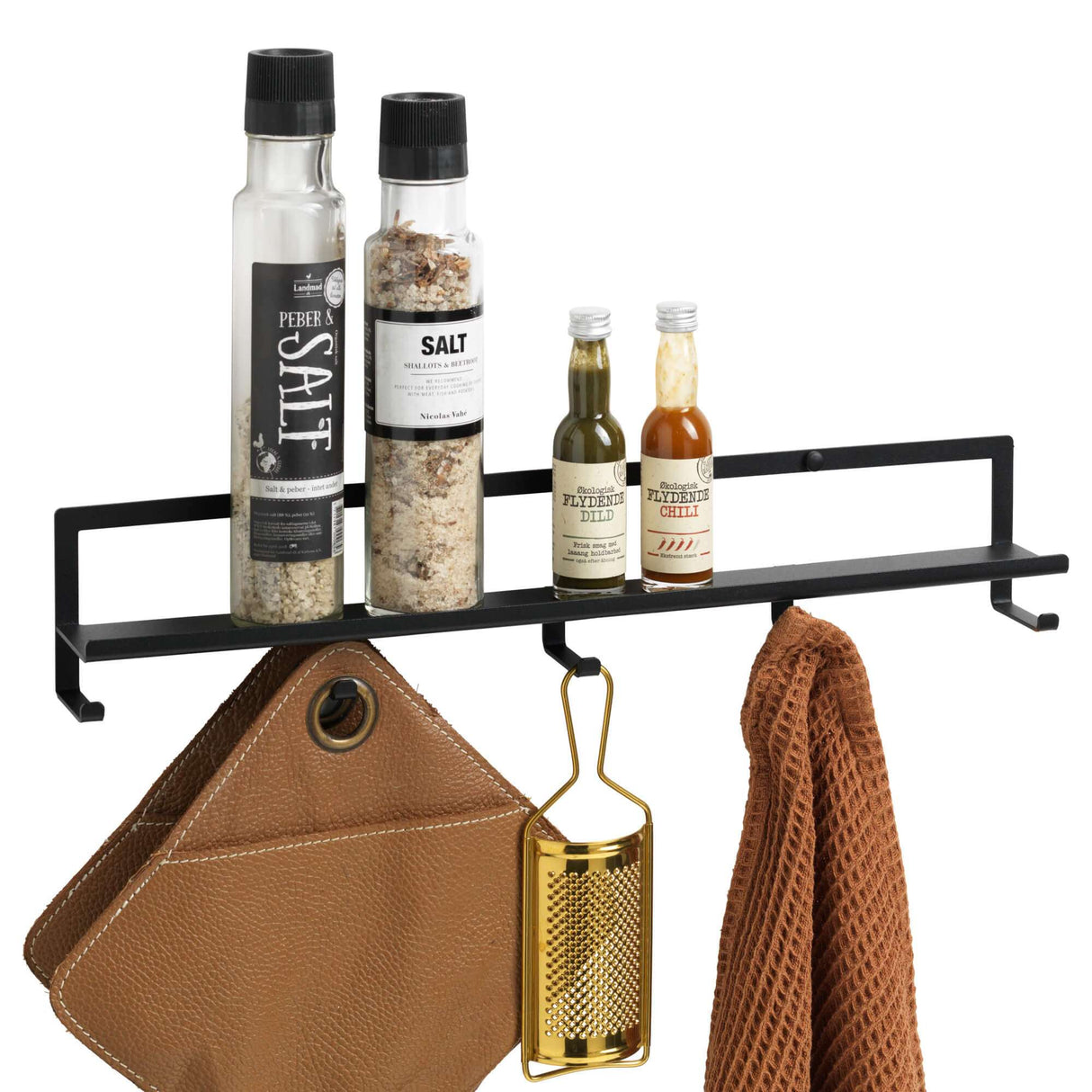 Hylde med knage sort | 45 cm. Hylde med knager, Sort metal | Officely