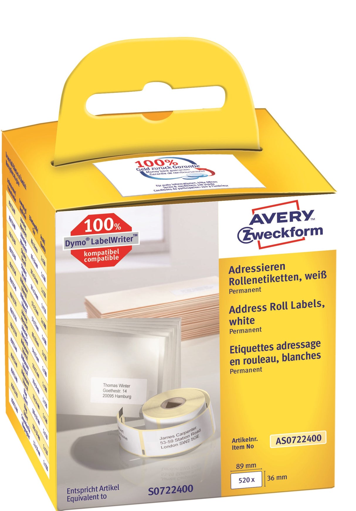 Avery adresseetiket på rulle 89x36mm (2x260)