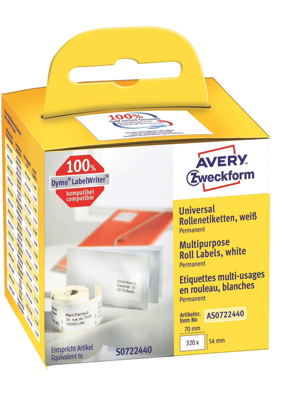 Avery universaletiket på rulle 70x54mm (320)