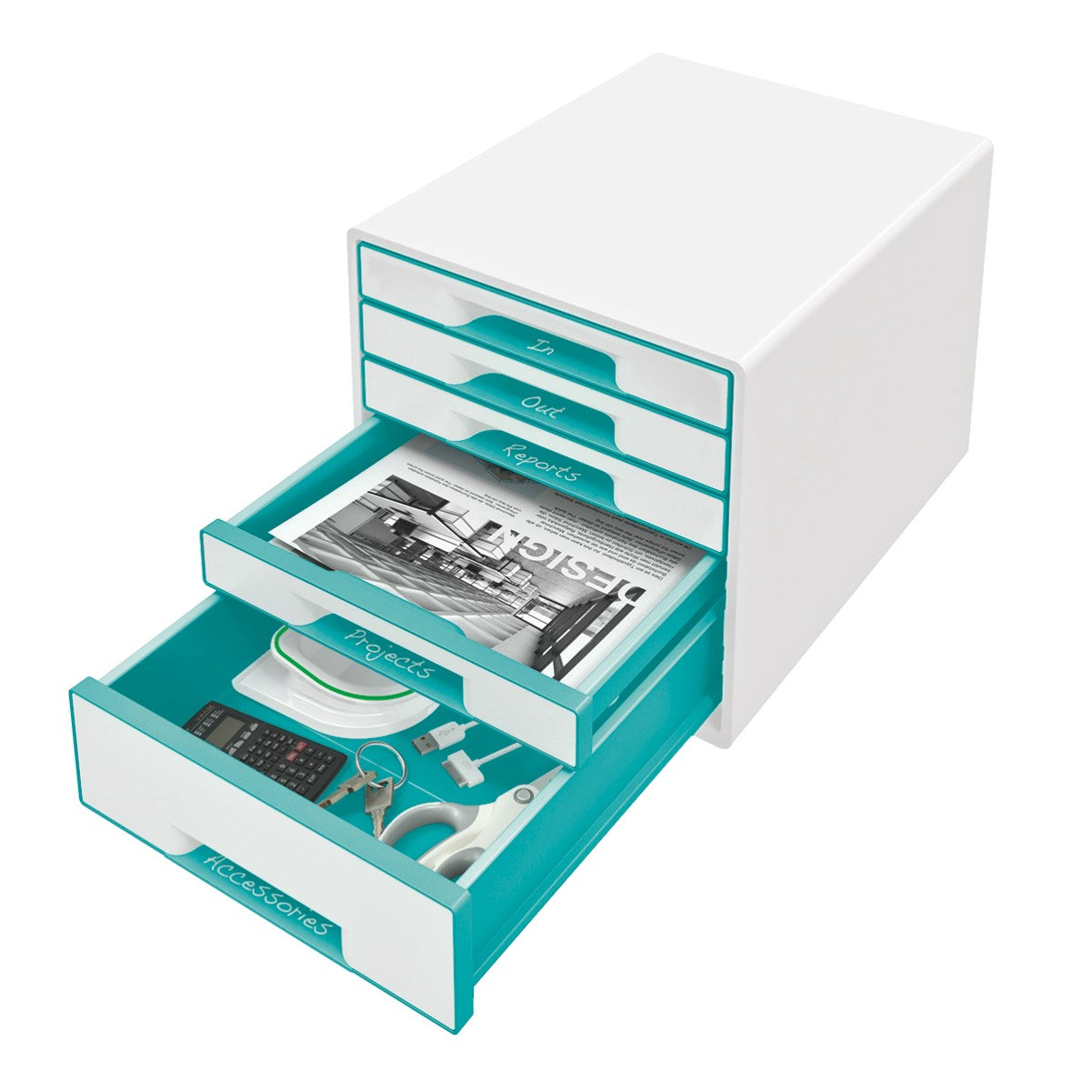 Desk cube WOW m/5-skuffer hvid/isblå