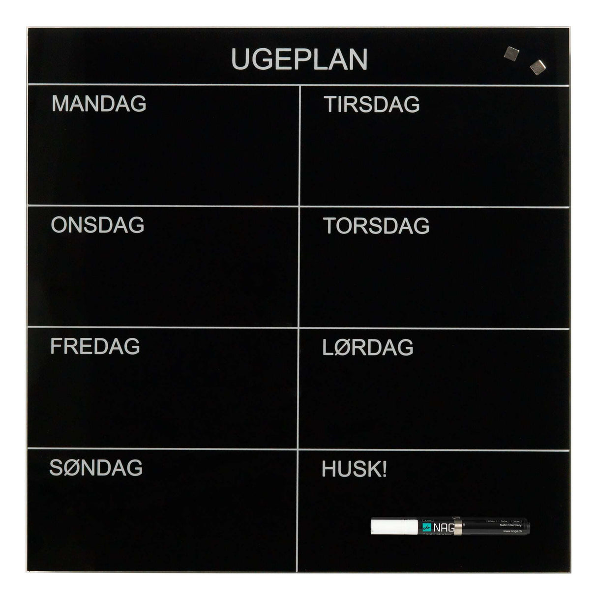 Dansk ugeplan glasplade | 45 x 45 cm. Sort. Glas uge tavle Dansk | Officely