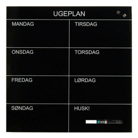 Dansk ugeplan glasplade | 45 x 45 cm. Sort. Glas uge tavle Dansk  | Officely