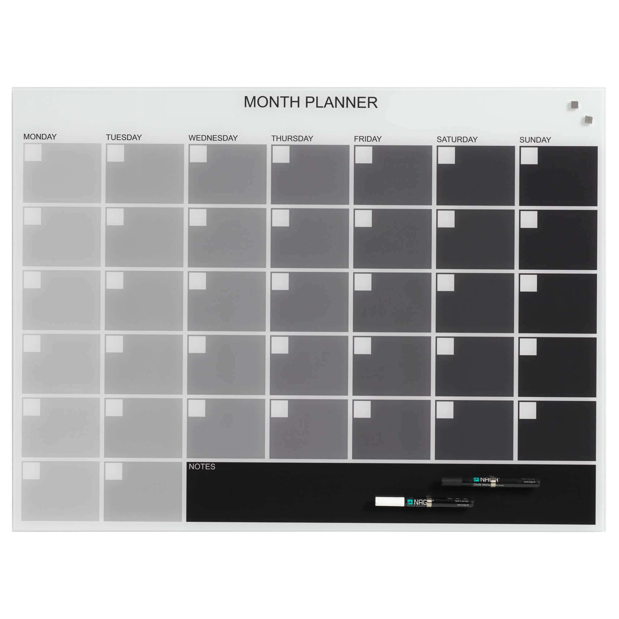 Grå engelsk månedsplanlægningstavle | 80 x 60 cm. Glas måneds tavle. Grå. Engelsk. | Officely