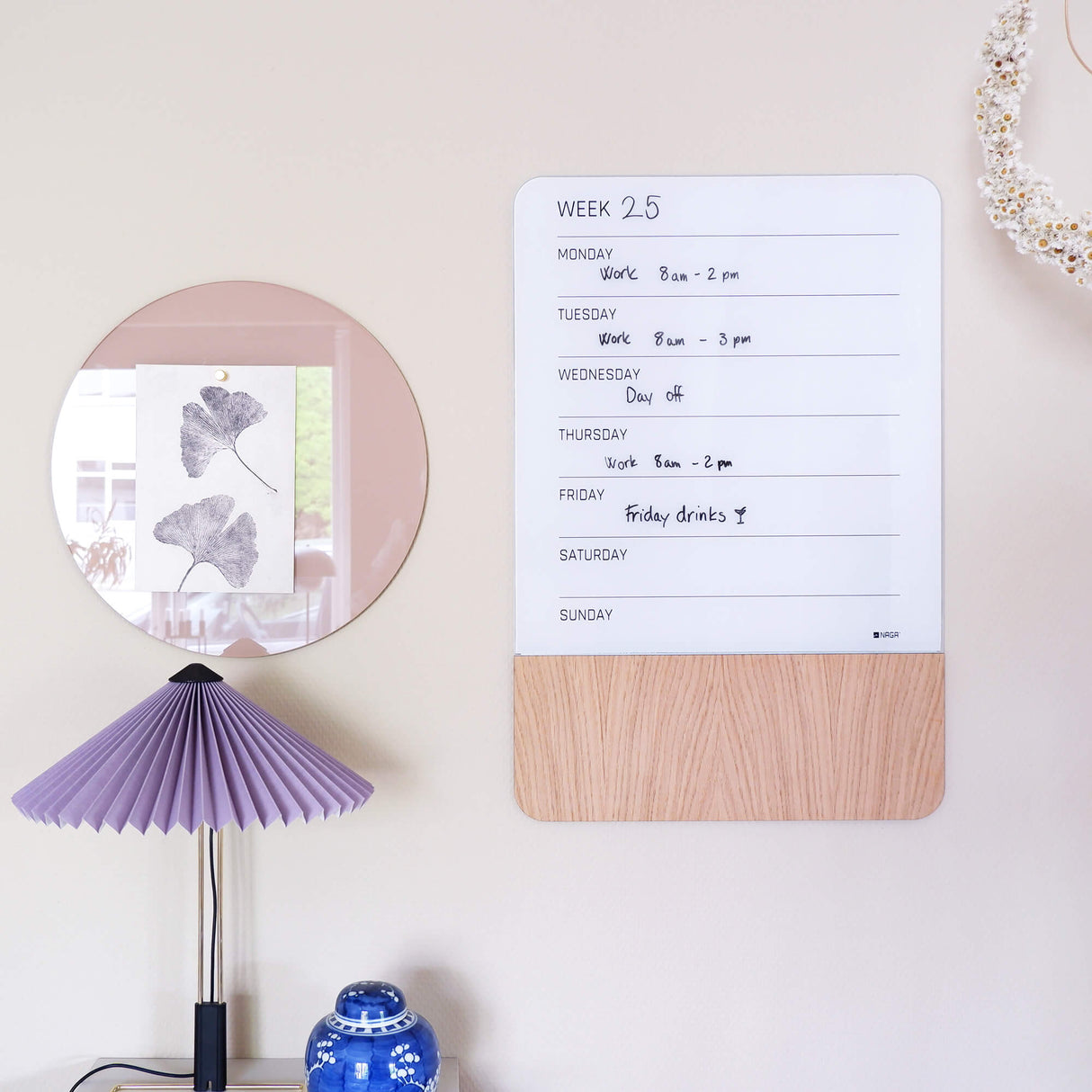 40 x 60 cm. Glas/Egefiner Magnetisk uge tavle Engelsk