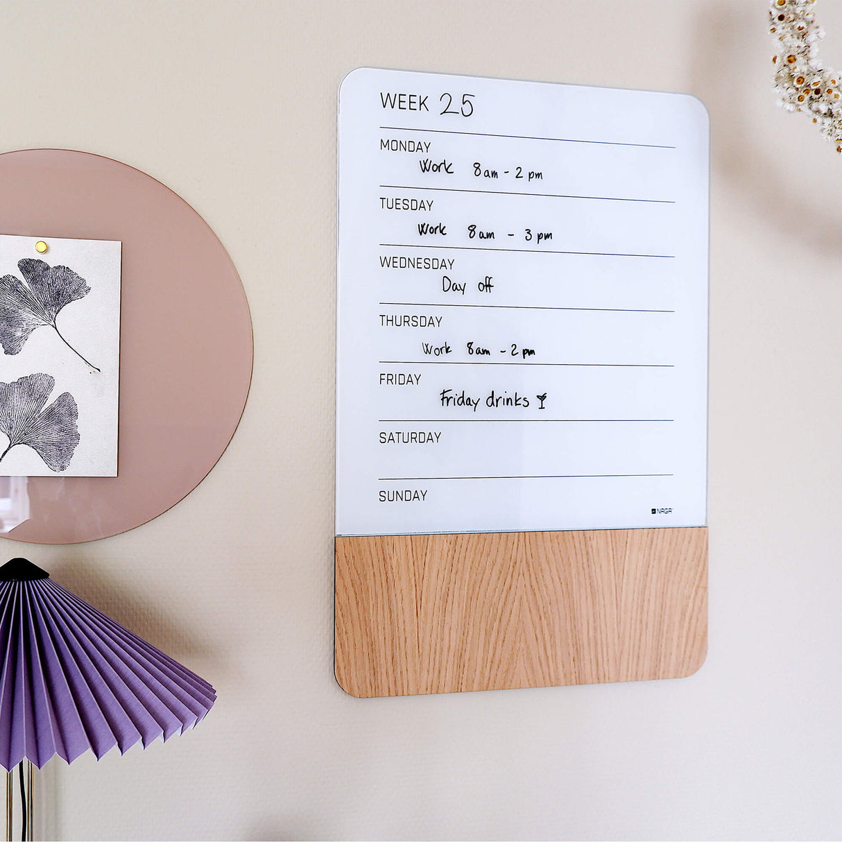 40 x 60 cm. Glas/Egefiner Magnetisk uge tavle Engelsk