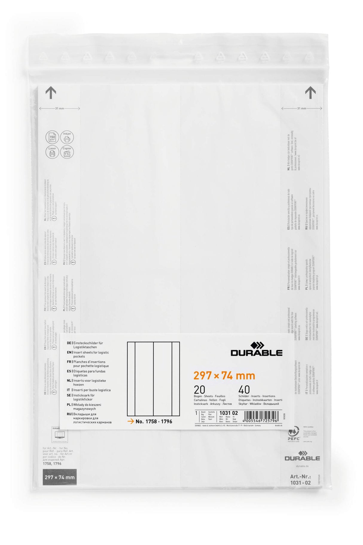 Indstiksark til lagerlommer 297 X 74 mm