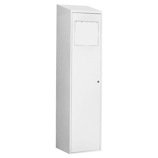 Snavsetøjsskab med skråt tag og lys grå døre med cylinderlås – image 3