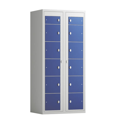 Tøjudleveringsskab 2x6 rum med lige tag og blå døre med greb f/hængelås – image 3