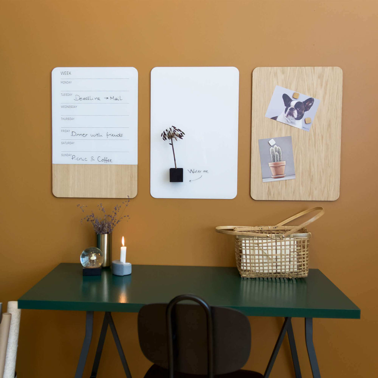 Glas og eg ugetavle | 40 x 60 cm. Glas/Egefiner Magnetisk uge tavle Engelsk  | Officely