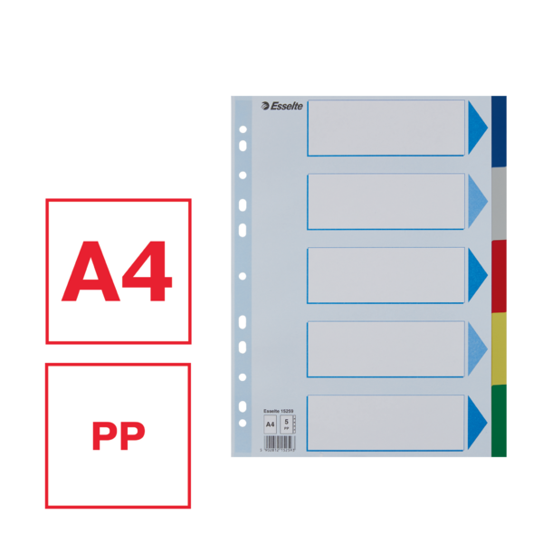 Faneblade PP A4 5-delt farvede faner