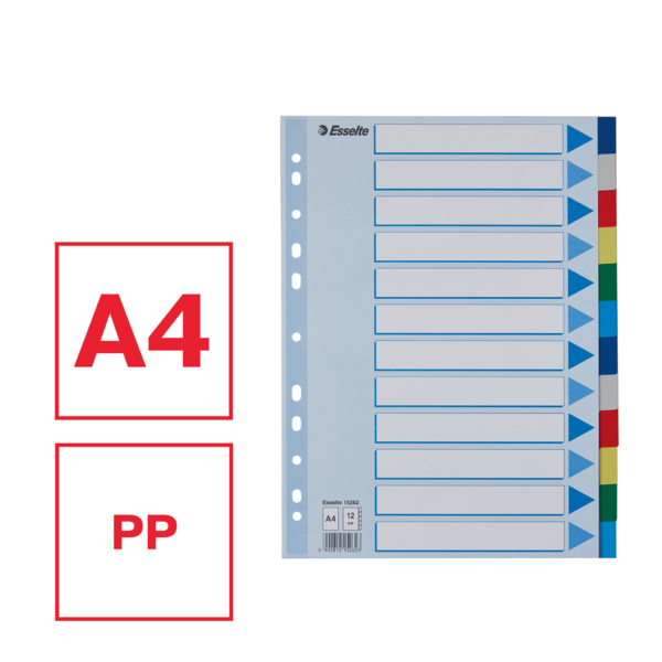 Faneblade PP A4 12-delt farvede faner