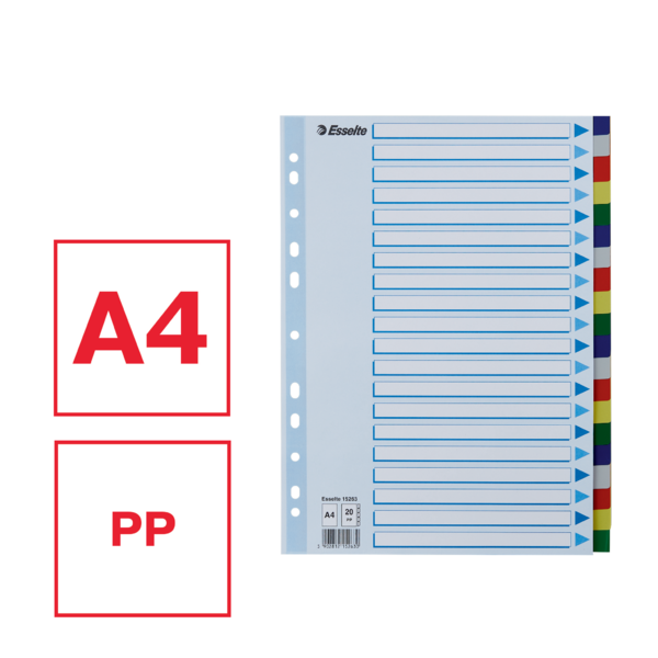 Faneblade PP A4 20-delt farvede faner