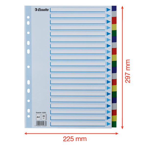 Faneblade PP A4 20-delt farvede faner