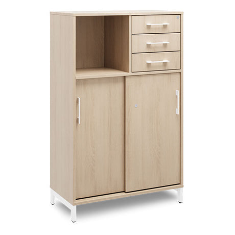 Ergoff Kontorskab DNA, 800x1275 mm, Eg/Hvid, skydedør og skuffemodul 3A4/2A4 – Bogreoler & kontorskabe