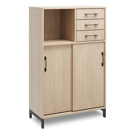 Ergoff Kontorskab DNA, 800x1275 mm, Eg/Sort, skydedør og skuffemodul 3A4/2A4 – Bogreoler & kontorskabe
