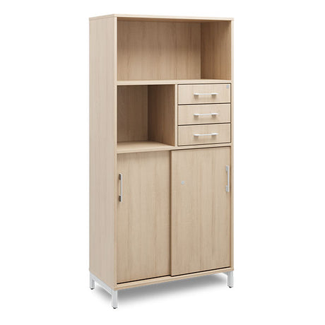 Ergoff Kontorskab DNA, 800x1660 mm, Eg/Alugrå, skydedør og skuffemodul 4A4/2A4 – Bogreoler & kontorskabe