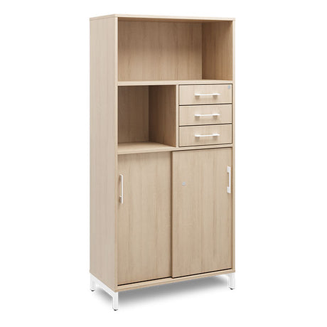 Kontorskab DNA, 800x1660 mm, Eg/Hvid, skydedør og skuffemodul 4A4/2A4