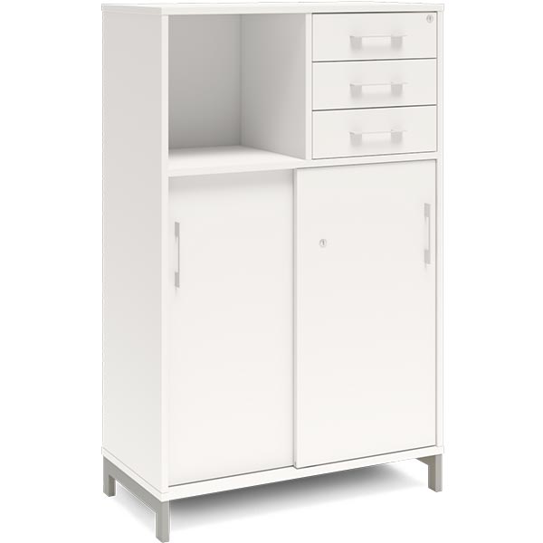 Ergoff Kontorskab DNA, 800x1275 mm, Hvid/Alugrå, skydedør og skuffemodul 3A4/2A4 – Bogreoler & kontorskabe (billede 1)