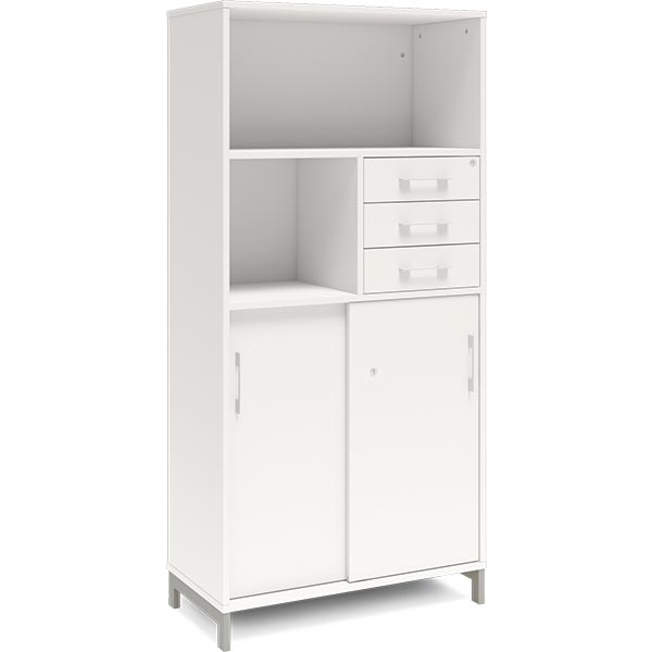 Ergoff Kontorskab DNA, 800x1660 mm, Hvid/Alugrå, skydedør og skuffemodul 4A4/2A4 – Bogreoler & kontorskabe (billede 1)