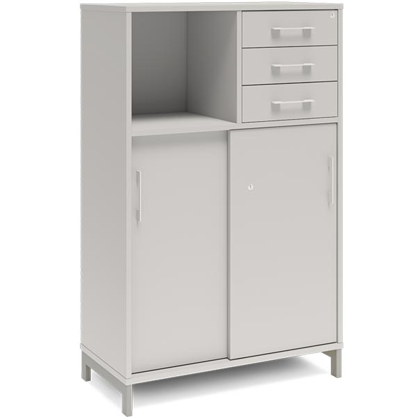 Ergoff Kontorskab DNA, 800x1275 mm, Lys grå/Alugrå, skydedør og skuffemodul 3A4/2A4 – Bogreoler & kontorskabe (billede 1)