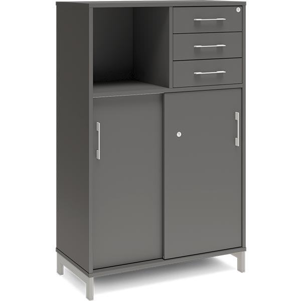 Ergoff Kontorskab DNA, 800x1275 mm, Antracit/Alugrå, skydedør og skuffemodul 3A4/2A4 – Bogreoler & kontorskabe (billede 1)