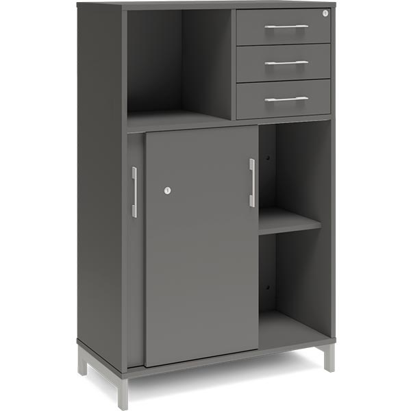 Ergoff Kontorskab DNA, 800x1275 mm, Antracit/Alugrå, skydedør og skuffemodul 3A4/2A4 – Bogreoler & kontorskabe (billede 2)