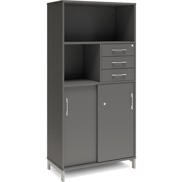 Ergoff Kontorskab DNA, 800x1660 mm, Antracit/Alugrå, skydedør og skuffemodul 4A4/2A4 – Bogreoler & kontorskabe (billede 1)