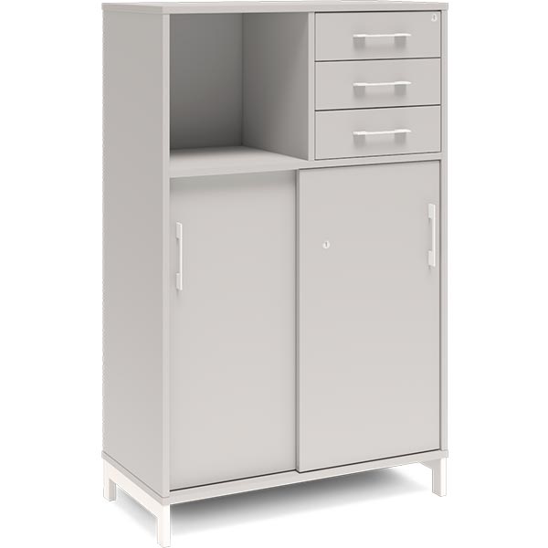 Kontorskab DNA, 800x1275 mm, Lys grå/Hvid, skydedør og skuffemodul 3A4/2A4 – image 1