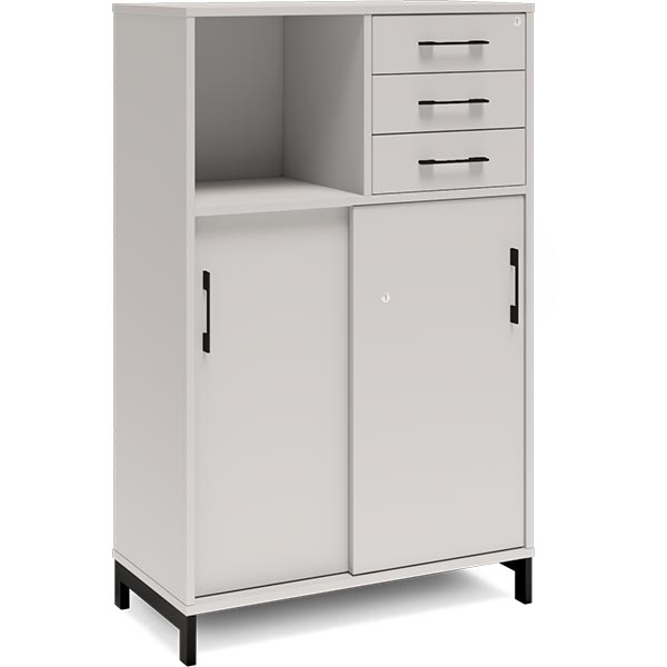 Ergoff Kontorskab DNA, 800x1275 mm, Lys grå/Sort, skydedør og skuffemodul 3A4/2A4 – Bogreoler & kontorskabe (billede 1)