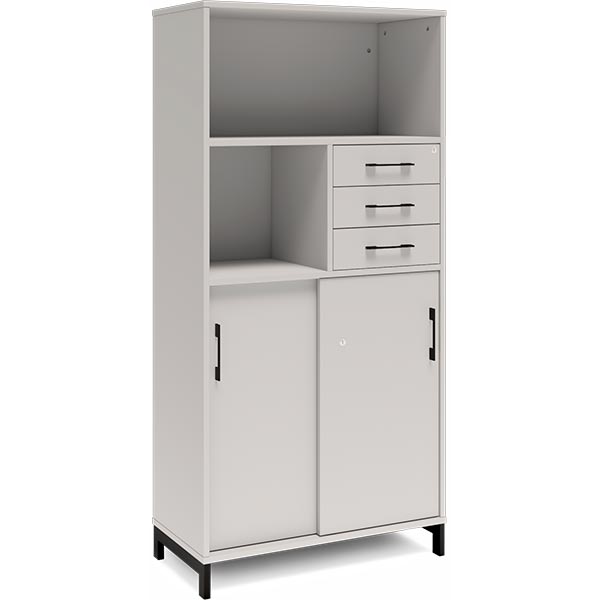 Ergoff Kontorskab DNA, 800x1660 mm, Lys grå/Sort, skydedør og skuffemodul 4A4/2A4 – Bogreoler & kontorskabe (billede 1)