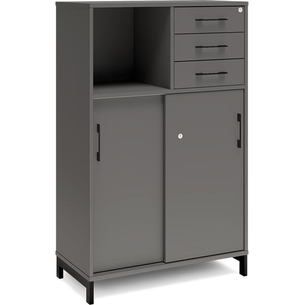 Ergoff Kontorskab DNA, 800x1275 mm, Antracit/Sort, skydedør og skuffemodul 3A4/2A4 – Bogreoler & kontorskabe (billede 1)