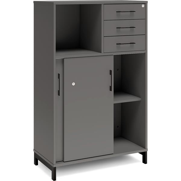 Ergoff Kontorskab DNA, 800x1275 mm, Antracit/Sort, skydedør og skuffemodul 3A4/2A4 – Bogreoler & kontorskabe (billede 2)