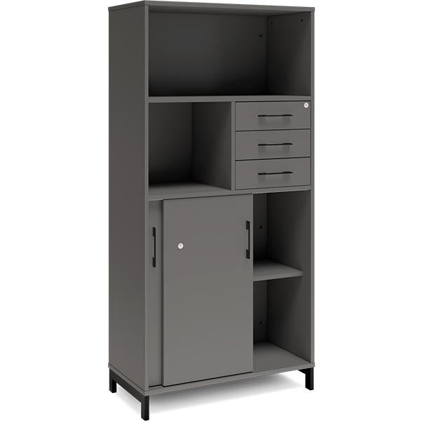 Ergoff Kontorskab DNA, 800x1660 mm, Antracit/Sort, skydedør og skuffemodul 4A4/2A4 – Bogreoler & kontorskabe (billede 2)