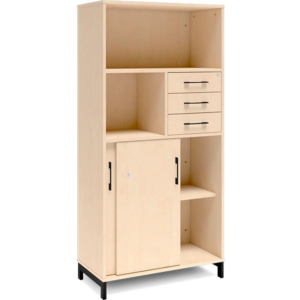 Kontorskab DNA, 800x1660 mm, Birk/Sort, skydedør og skuffemodul 4A4/2A4 – image 2