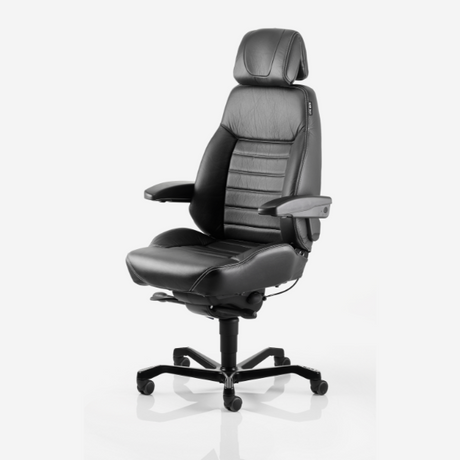 Kontorstol KAB Seating Executive, White-Line Sort skind inkl. armlæn og nakkestøtte i sort skind – image 1