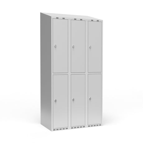 Garderobeskab 3x300 mm m/skråt tag, 2 rum i højden og lys grå dør m/greb for hængelås – image 1