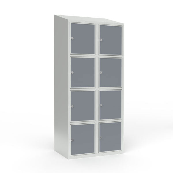 Skoleskab 2x400 Skråt tag 4 rum i højden Lys grå laminatdør Greb for hængelås – image 1