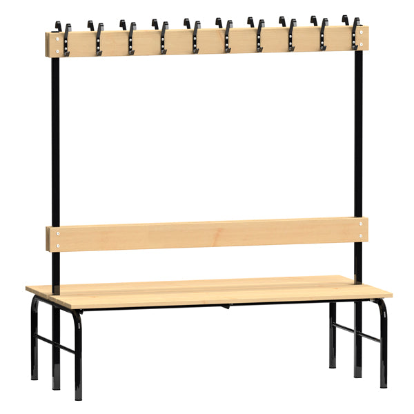 Garderobestativ Dobbeltsidet, sort stel og bænksæde i fyr, bredde 1500 mm