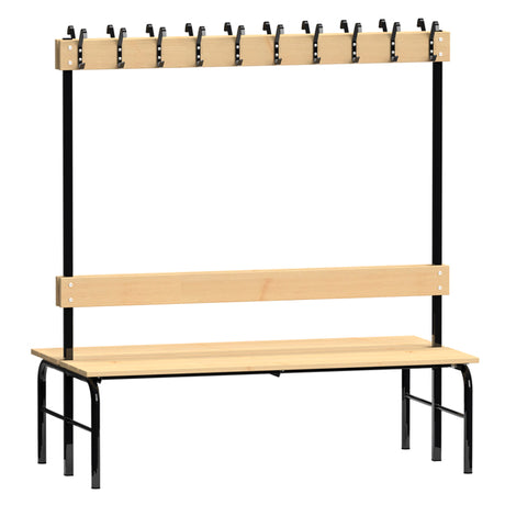 Garderobestativ Dobbeltsidet, sort stel og bænksæde i fyr, bredde 1500 mm
