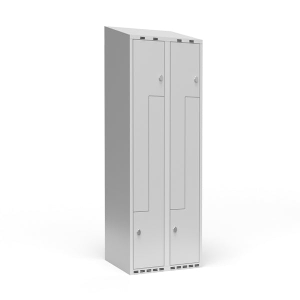 Sonesson Garderobeskab 2x300 mm Skråt tag, 2-delt søjle Lys grå Z-dør m/greb for hængelås – Garderobeskabe (billede 1)