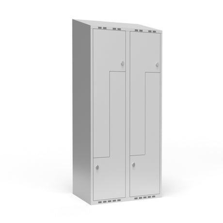 Garderobeskab 2x400 mm Skråt tag, 2-delt søjle Lys grå Z-dør m/greb for hængelås – image 1