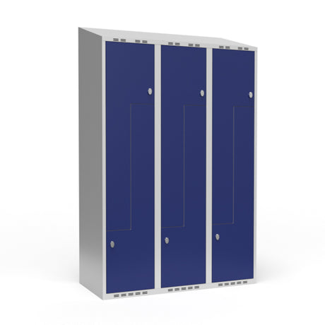 Garderobeskab 3x400 mm Skråt tag 2-delt søjle Z-dør Blå dør Greb for hængelås – image 1