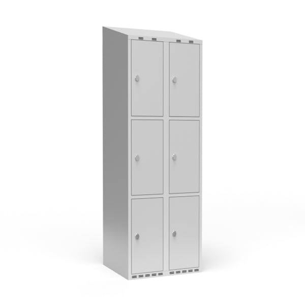 Garderobeskab 2x300 mm m/skråt tag, 3 rum i højden og lys grå dør m/greb for hængelås – image 3