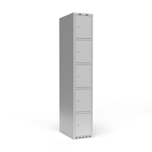 Garderobeskab 1x300 mm m/lige tag, 5 rum i højden og lys grå dør m/cylinderlås – image 1