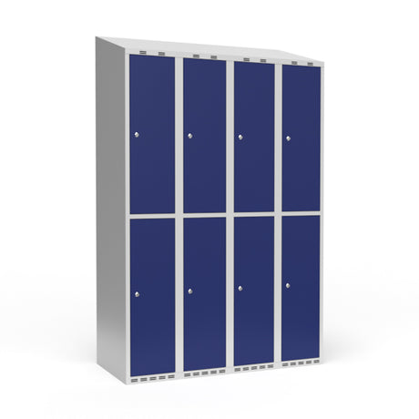 Sonesson Garderobeskab 4x300 mm Skråt tag 2 rum i højden Blå dør Cylinderlås – Garderobeskabe (billede 1)